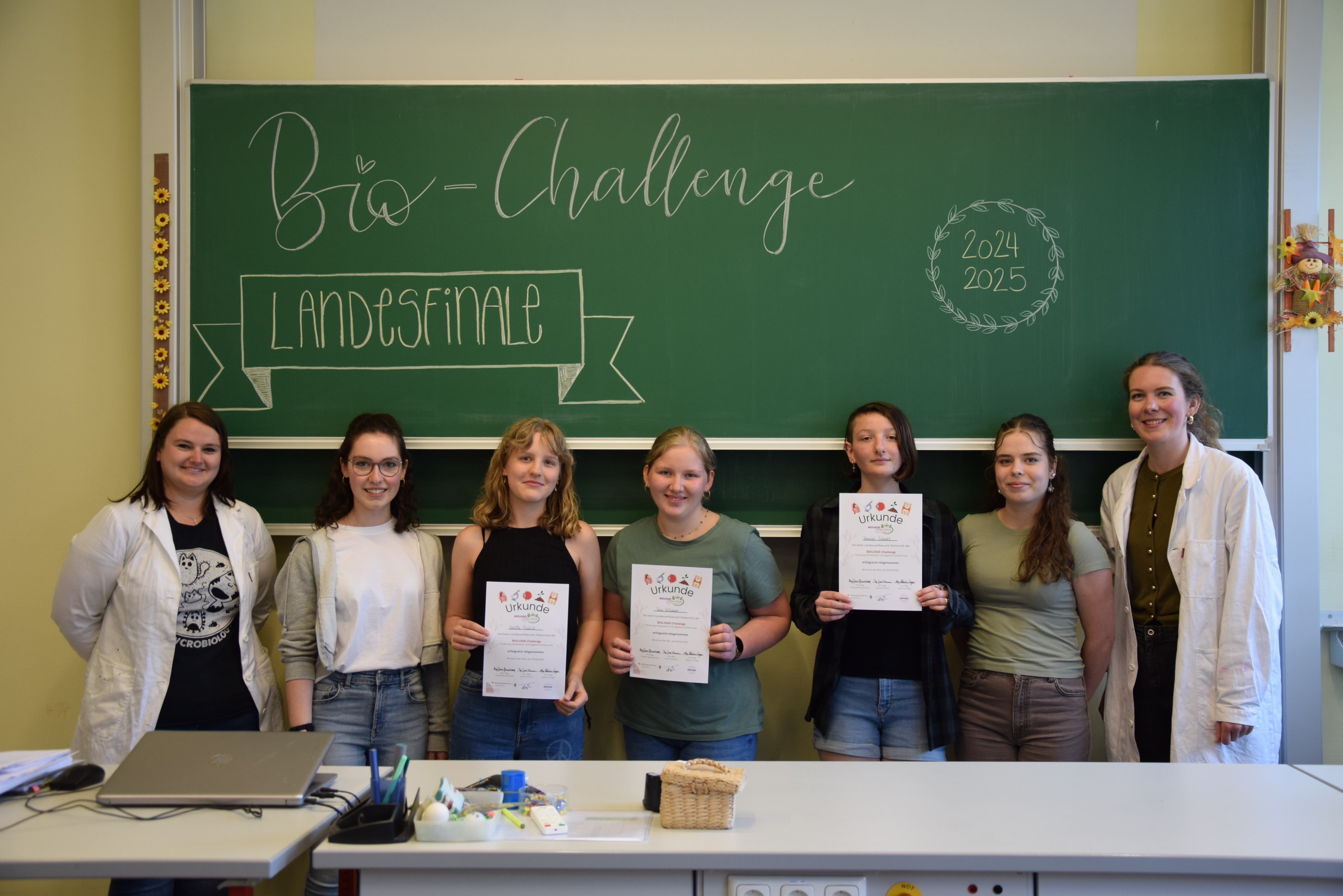 TeilnehmerInnen und Lehrerin mit den Urkunden vor der Schultafel 